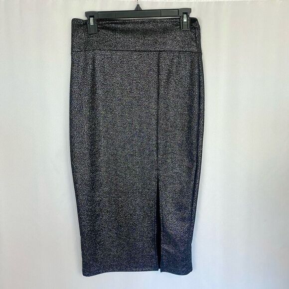 Glittery Silver Black Midi Stretch Skirt Women’s L - Picture 1 of 7
